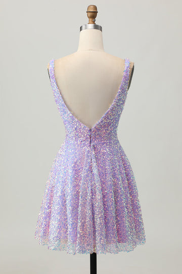 Sequins A Line Lilac V-Neck Short Cocktail Dress